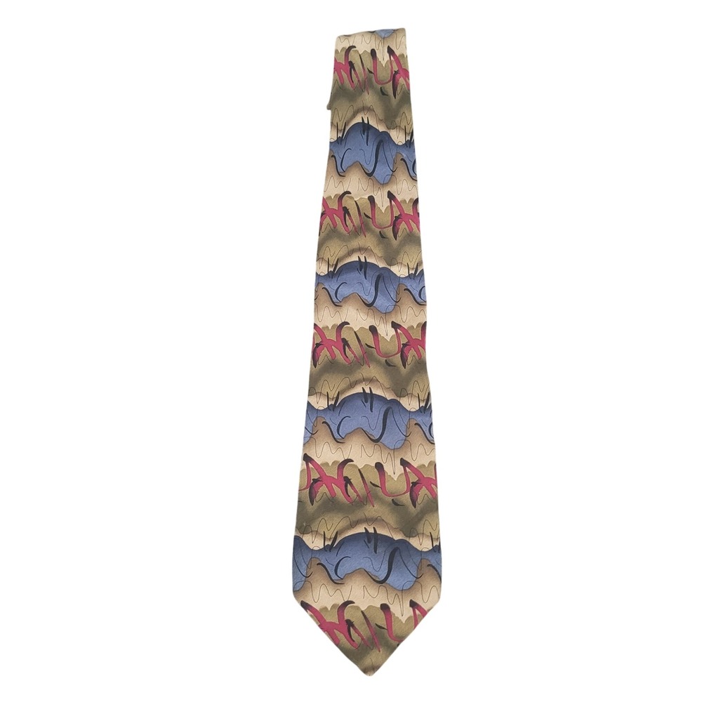 Croft & Barrow OS Abstract Wave Silk Tie Mens Olive Blue Burgundy Wide 90s Retro
